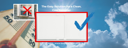 Promotional graphic for Easy AC Screen with a thermometer, checkmark, and blue sky background.