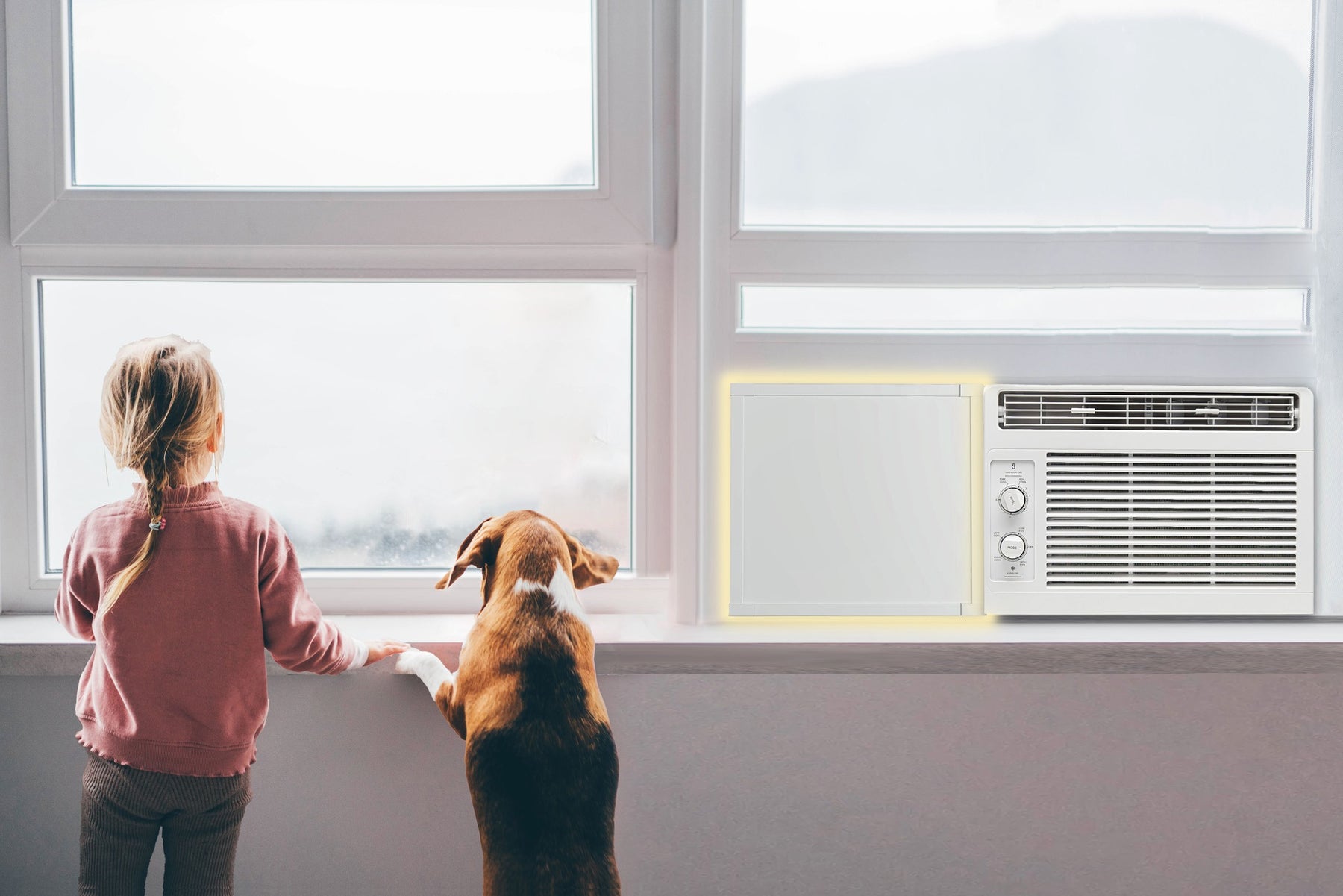 Child and dog looking out a window, next to an air conditioner unit using Easy AC Screen
