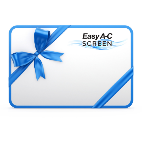 Rectangular gift card with blue ribbon and 'Easy A-C Screen' text on a white background
