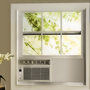 Window air conditioner installed in a room with a view of greenery outside.